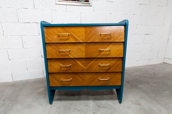 Image 1 of Commode scandinave 1960 atypique bleu Ainhoa Satiné 4 tiroirs