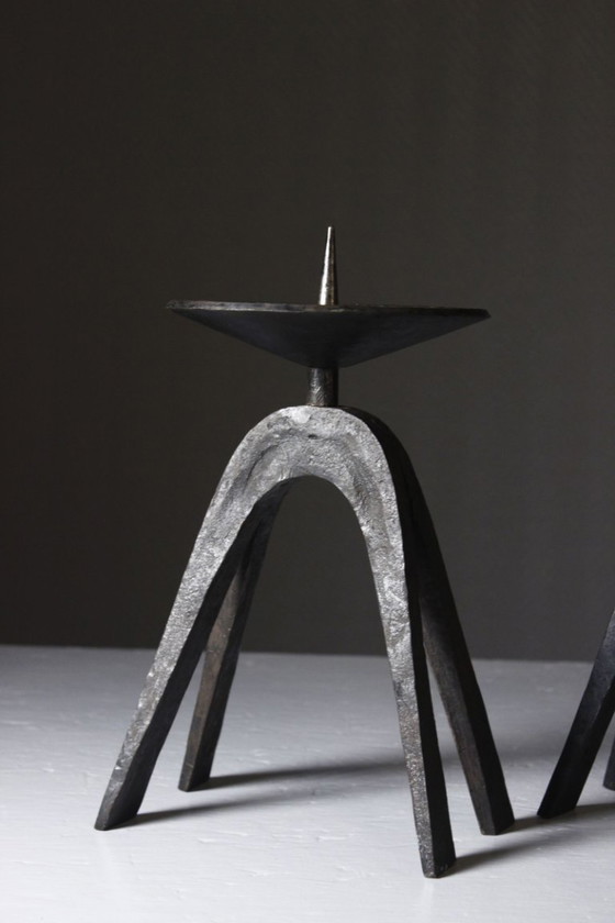 Image 1 of Pair of wrought iron candlestick holders, brutalist modernist design, 1950s