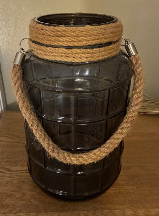 Grand vase ou pot verre fumé et corde