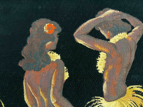 Image 1 of Vintage wall hanging tapestry 50s 60s Hawaiian women dancers