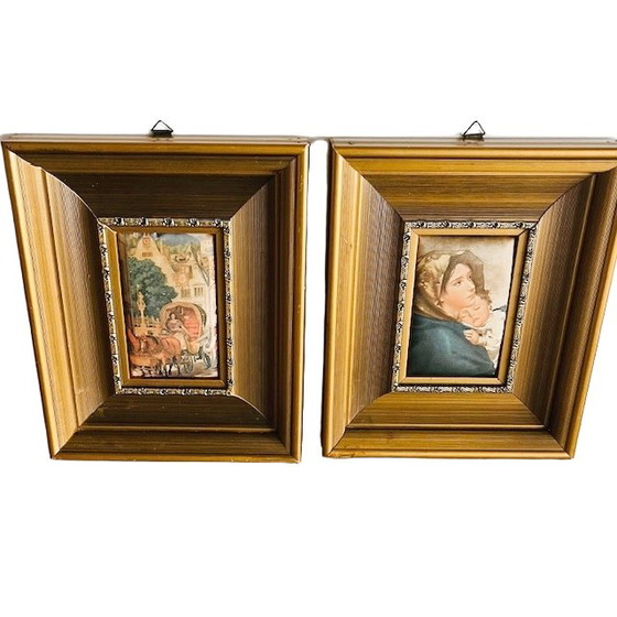 Image 1 of Set of Vintage Silk Paintings with Gold Frames 1960s