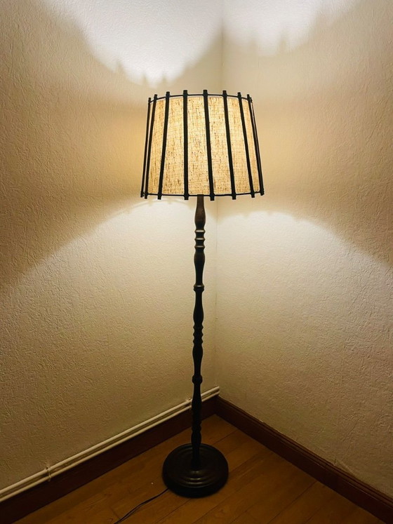 Image 1 of Mid-Century, Turned Wood, Bamboo Rattan Floor Lamp Circa 1950s