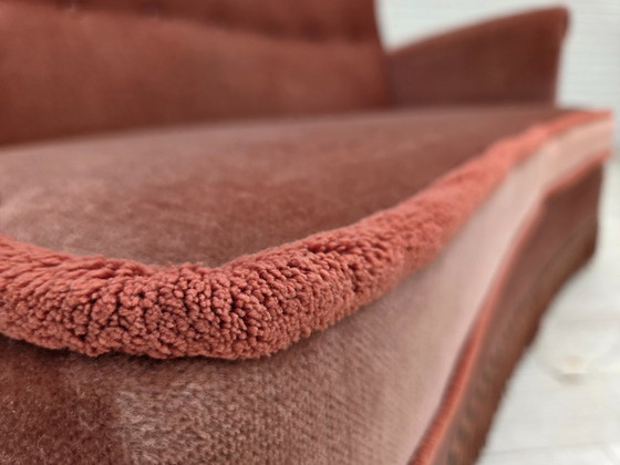 Image 1 of 1970s, Danish 2-seater sofa, original salmon pink furniture velour, beech wood.