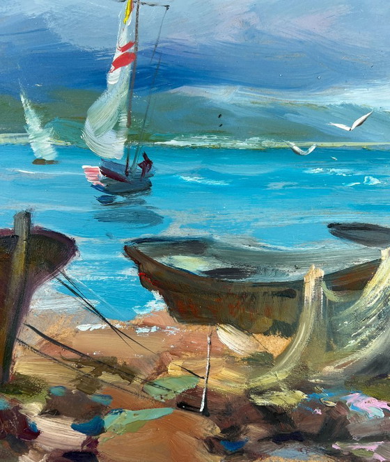 Image 1 of Peinture à l'huile originale Paysage côtier d'été Vagues de la mer et cris de mouettes