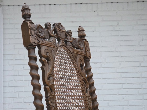 Image 1 of Jaren 30, Deense fauteuil met hoge rugleuning, meubelstof, velours, handgesneden eikenhout.