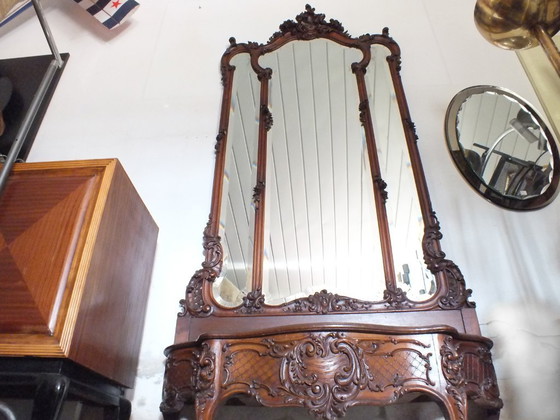 Image 1 of large Liberty Art Noveau wall beveled mirror with planter wood walnut years '900