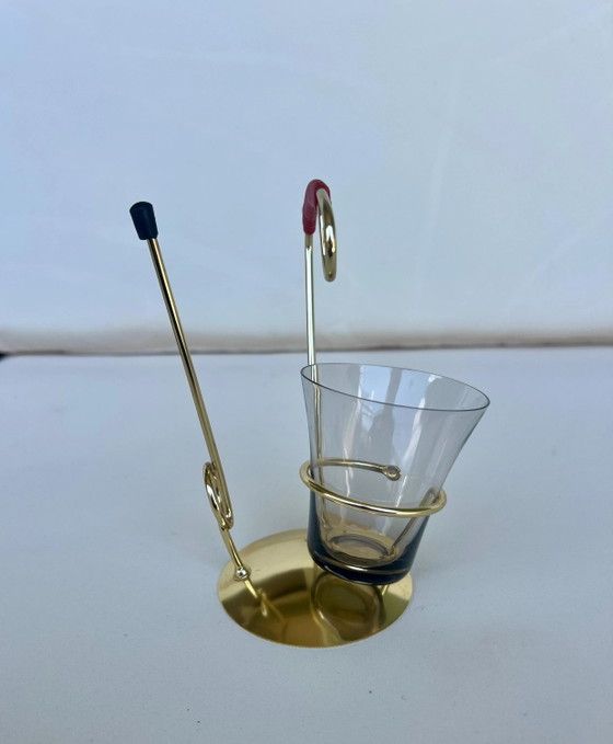 Vintage Pretzel Stick Holder Set Smoked Glass Gold Metal Mid Century Cocktail Snack Server Atomic Barware (photo 5 of 7)