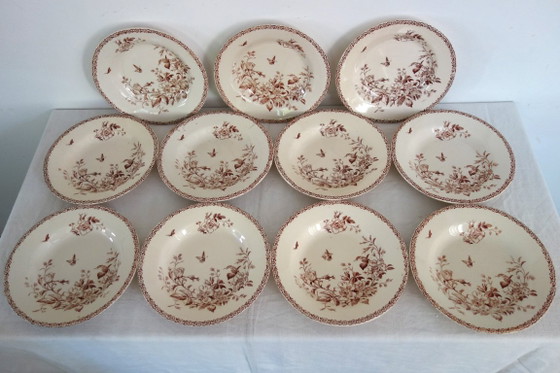 Image 1 of 11 assiettes creuses Terre De Fer Gien modèle Mai vers 1900