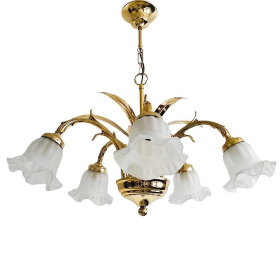 Image 1 of Lampadario vintage in ottone a sei bracci, metà secolo, con foglie di palma, Hollywood Regency, anni '70