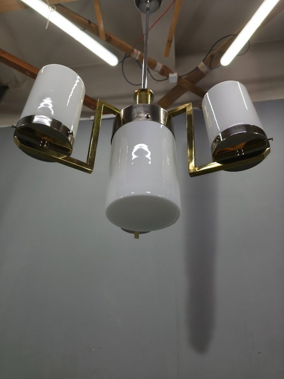 Image 1 of Tschechoslowakischer Art-Deco-Kronleuchter aus Messing und Chrom mit Opalglas, 1930er Jahre