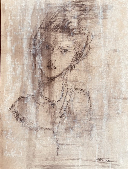 Tableau fusain signé portrait féminin 19eme