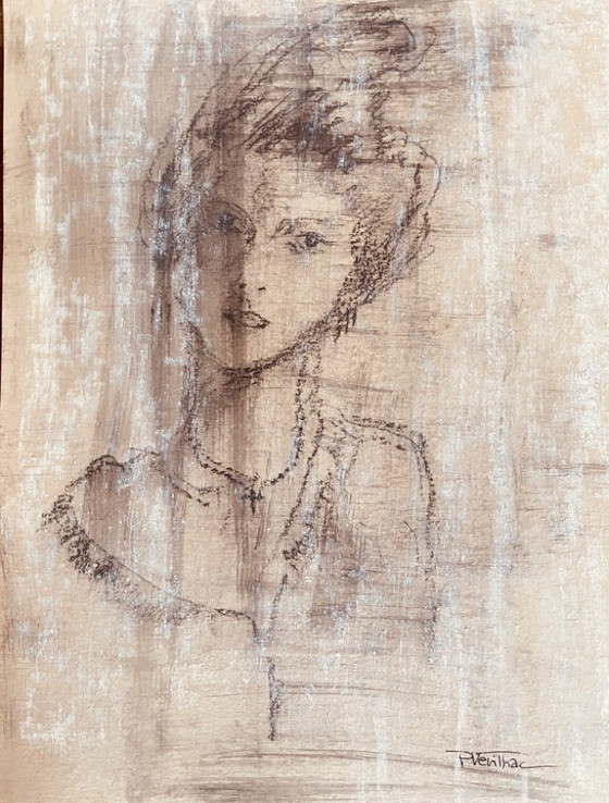 Image 1 of Houtskooltekening, gesigneerd, 19e-eeuws vrouwenportret