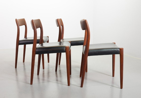 Image 1 of Mid-Century Scandinavian Niels Otto Moller Teak Wooden Dining Chairs with Black Leather Upholstery, Model 77. Set of 4.
