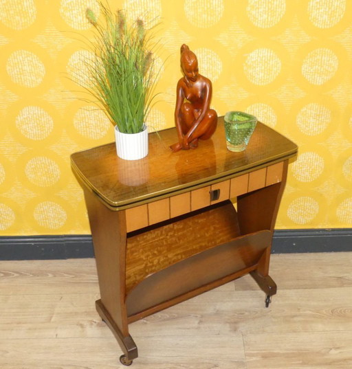 50s side table newspaper stand small furniture newspaper table on castors with drawer vintage retro formica