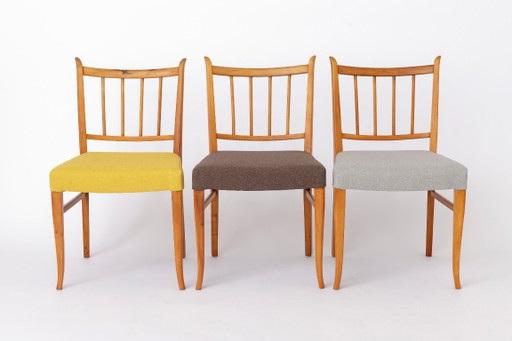 Set of 4 Vintage Beech Dining Chairs, 1950s Mid Century Modern Chairs, Restored Wooden Chairs, Newly Upholstered Colorful Fabric