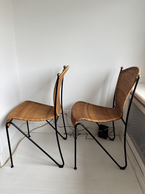 Set aus 6 Frederic Weinberg Stühlen, 1950er Jahre, Frederick Weinberg, Esszimmerstühle, Metall, Rattan (Foto 7 von 13)