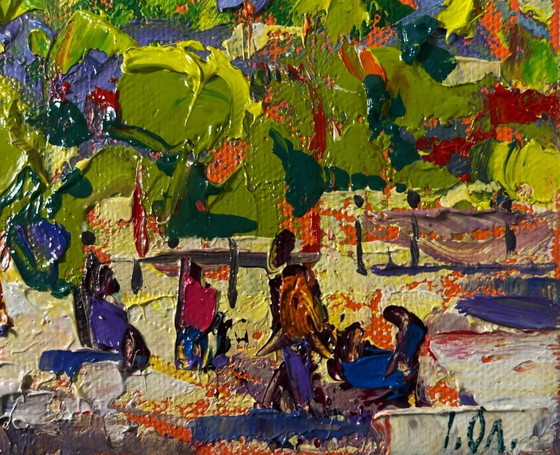 Image 1 of Original Oil Painting Colorful Trees Landscape Spring city in the shade of trees
