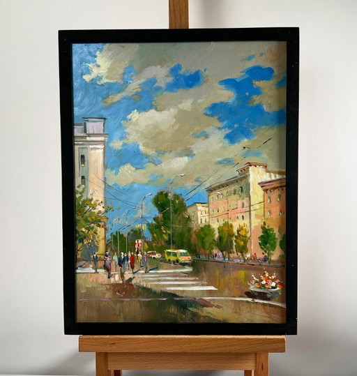 Pintura al óleo original Paisaje urbano de verano Ritmo veraniego de la ciudad