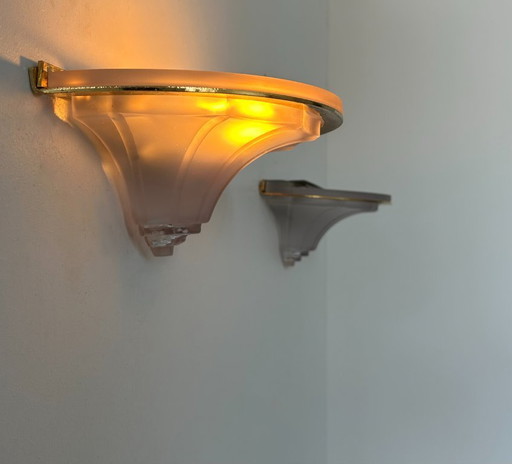 Pair of glass and brass sconces, France, 1960