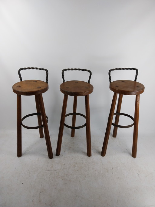 3 X Brutalist Barstools 1970's Wrought Iron And Wood