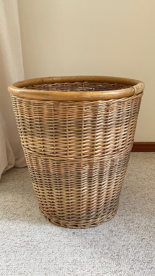 Grande cesto vintage in vimini e legno – decoratieve objecten, Rattan