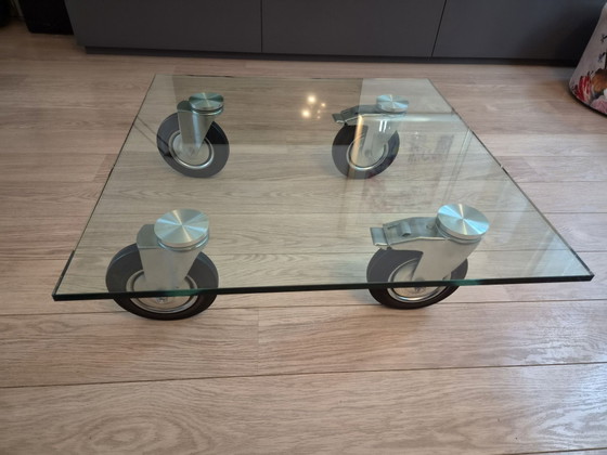 Glass square industrial coffee table on wheels, Transparent (photo 3 of 5)