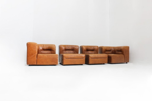Vintage modulaire bank in cognac bruin leer jaren 70