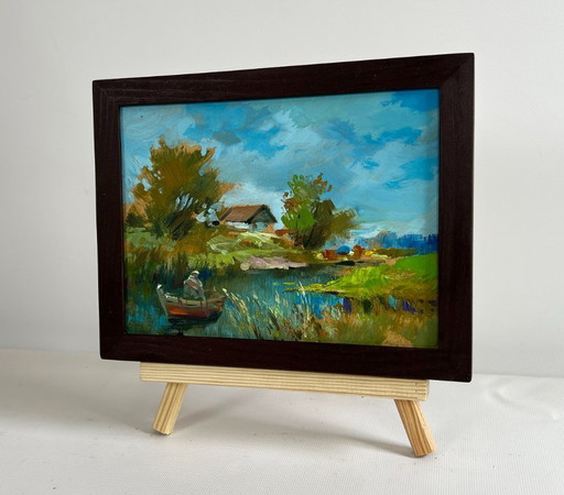 Original Oil Painting Summer House Landscape I'm sailing home on a boat