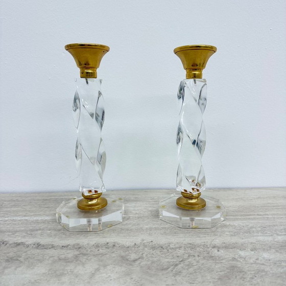Image 1 of Set of 2 lucite twisted candle sticks, 1970’s