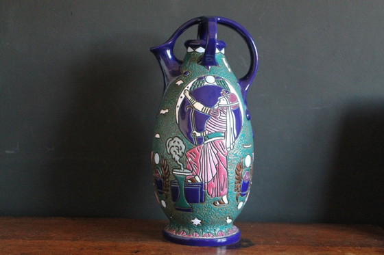 Image 1 of Czechsolovakian Art Deco Egyptian revival ceramic pitcher. 