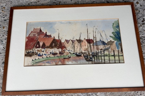 Image 1 of Watercolor by Jan van Riel from 1953 of the harbor of Spakenburg.