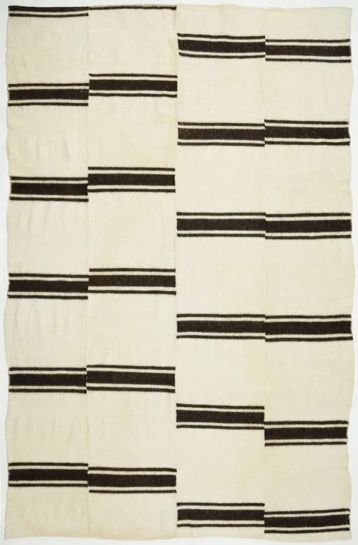 Minimal Vintage Anatolian Kilim – Cream & Black Striped Handwoven Wool Flatweave Rug 281 x 185 cm – &Tradition