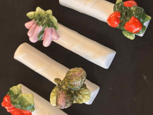 Keramik Majolika Messerbänkchen Set: Keramik Gemüse Obst Besteckhalter, Frankreich Vintage