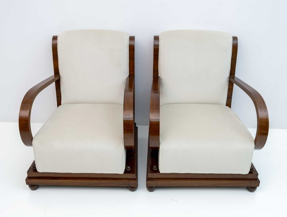 Image 1 of Paire de fauteuils et deux ottomans Art Déco en noyer et velours italiens, années 1920