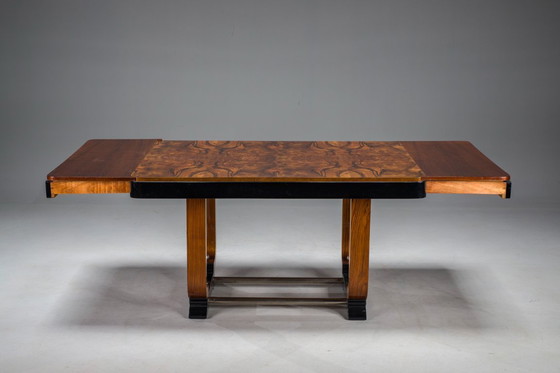 Image 1 of Art Deco French Walnut & Burl Dining Set, 1930s, Set of 7