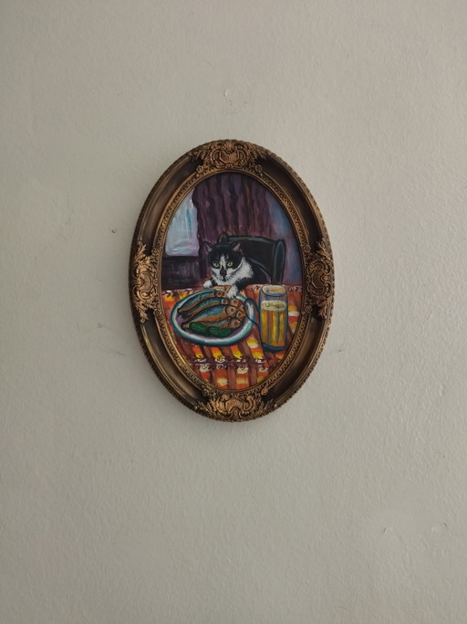Original painting of the cat Pipette – Handcrafted cold-fired ceramic frame (33x22 cm)