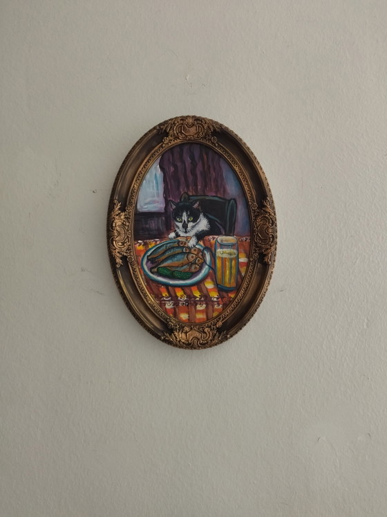 Image 1 of Original painting of the cat Pipette – Handcrafted cold-fired ceramic frame (33x22 cm)