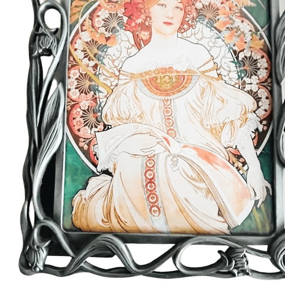 Image 1 of Vintage Art Nouveau Alphonse Mucha painting Champenois floral photo frame metal