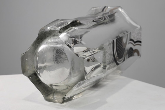 Image 1 of Art-Deco-Glasvase mit schwarzer grafischer Verzierung, Frankreich, um 1940