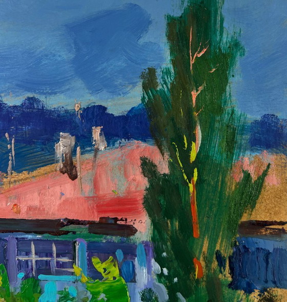 Image 1 of Original Oil Painting Summer House Landscape Old city building with stairs