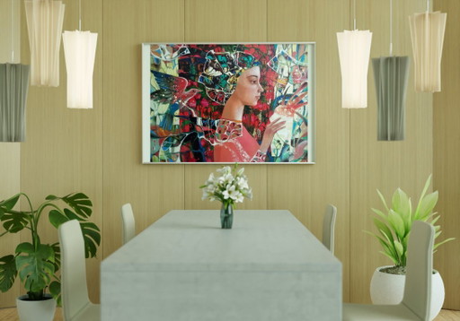 Original Oil Painting Abstract Expressionism Symbolism Girl Strawberry Ice Cream – schilderijen tekeningen (photo 2 of 9)