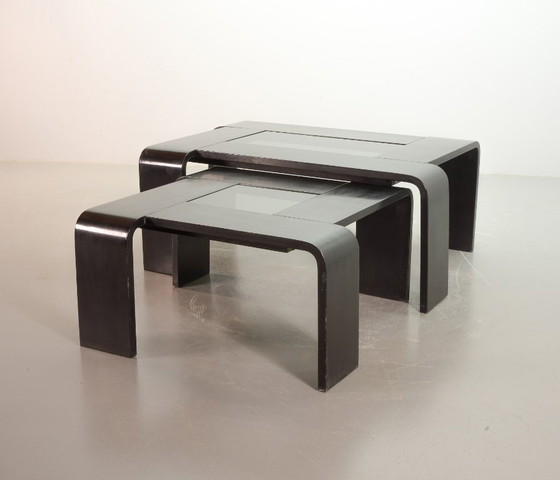 Image 1 of Mesa de centro rectangular de contrachapado lacado en negro estilo Ake Fribyter con panel de cristal ahumado, años 70.