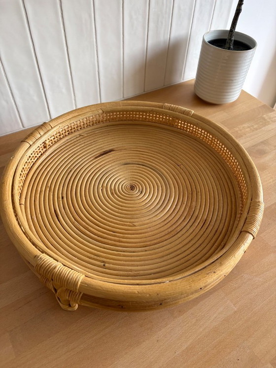 Grande Vassoio in Rattan e Vimini su Supporto – Stile Bohémien / Vintage – Oggetti decorativi (photo 2 of 5)