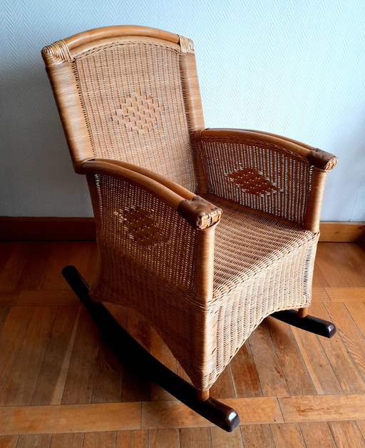 Rocking-Chair En Rotin Vintage 1970 