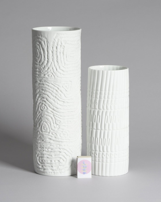 Image 1 of M. Freyer & W. Schreib Rosenthal Bisque Porcelain Vase Duo Op Art Relief 70s XL & L