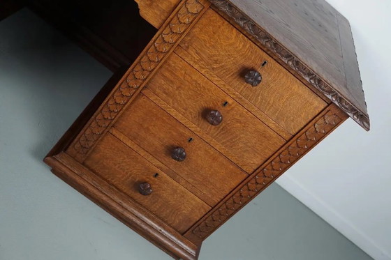 Image 1 of Antiker niederländischer Jugendstil-Schreibtisch/-Theke aus geschnitzter Eiche, frühes 20. Jahrhundert