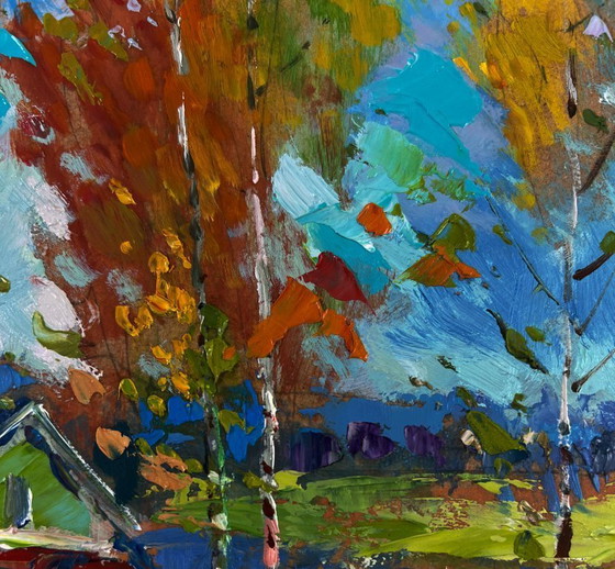 Image 1 of Original Oil Painting Autumn Village Landscape In The Silence Of The Birch Grove