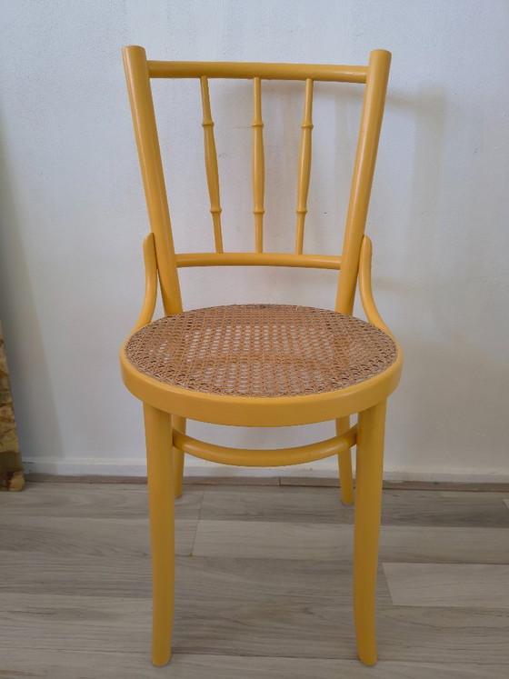Vintage Thonet Style Bistro Chair - Ocher Yellow / Rattan – Dining chairs, Wood (photo 6 of 7)