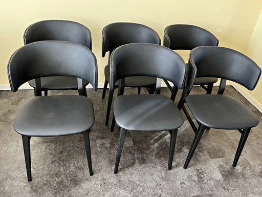 LEANDER dining chair by Lambert, oak and black faux leather, set of 6