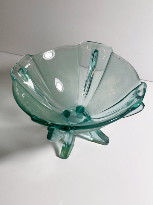 Coupe sur pied Art Déco vintage, Stölzle, verre turquoise, vert d'eau et aigue-marine, années 1930, Autriche